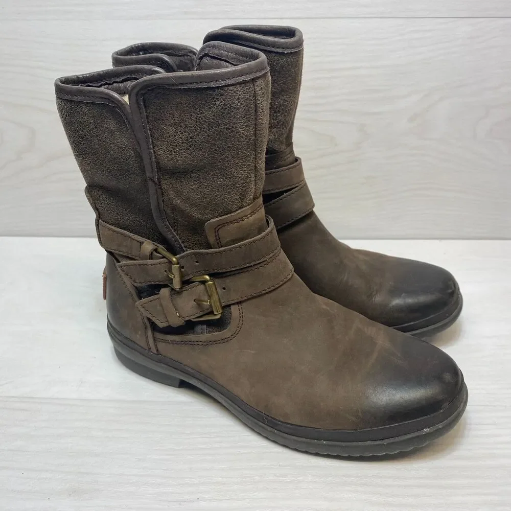 UGG Simmens Biker Boots Women's Size 6.5 Brown Leather Waterproof‎ Buckle Straps